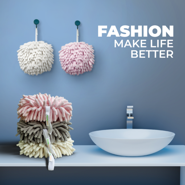 Hand Towel – Cream White Color – Very Soft Chenille Fabric Fuzzy Ball Towel - Image 11